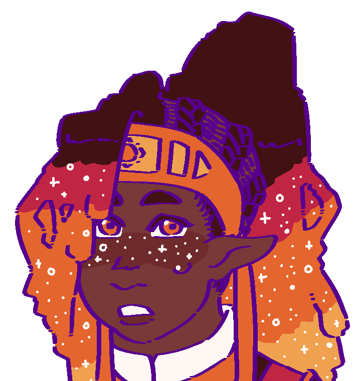 A flat-colored digital drawing of The Sun Avatar. She is a Sun teenage girl with dark brown locs tied into a high ponytail that fade through to red, orange, and yellow. She looks somewhat anxious upwards to our right.