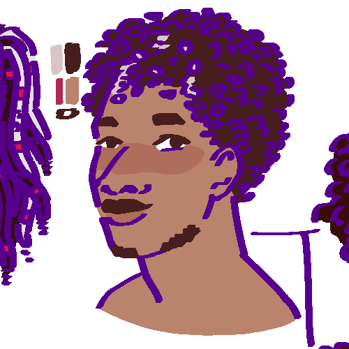 A flat-colored digital drawing of Tabeh Raakoke. He is a middle aged Diajauna man with pale gray streaks in his short coily dark brown hair and sparse facial hair. He smiles at the viewer.