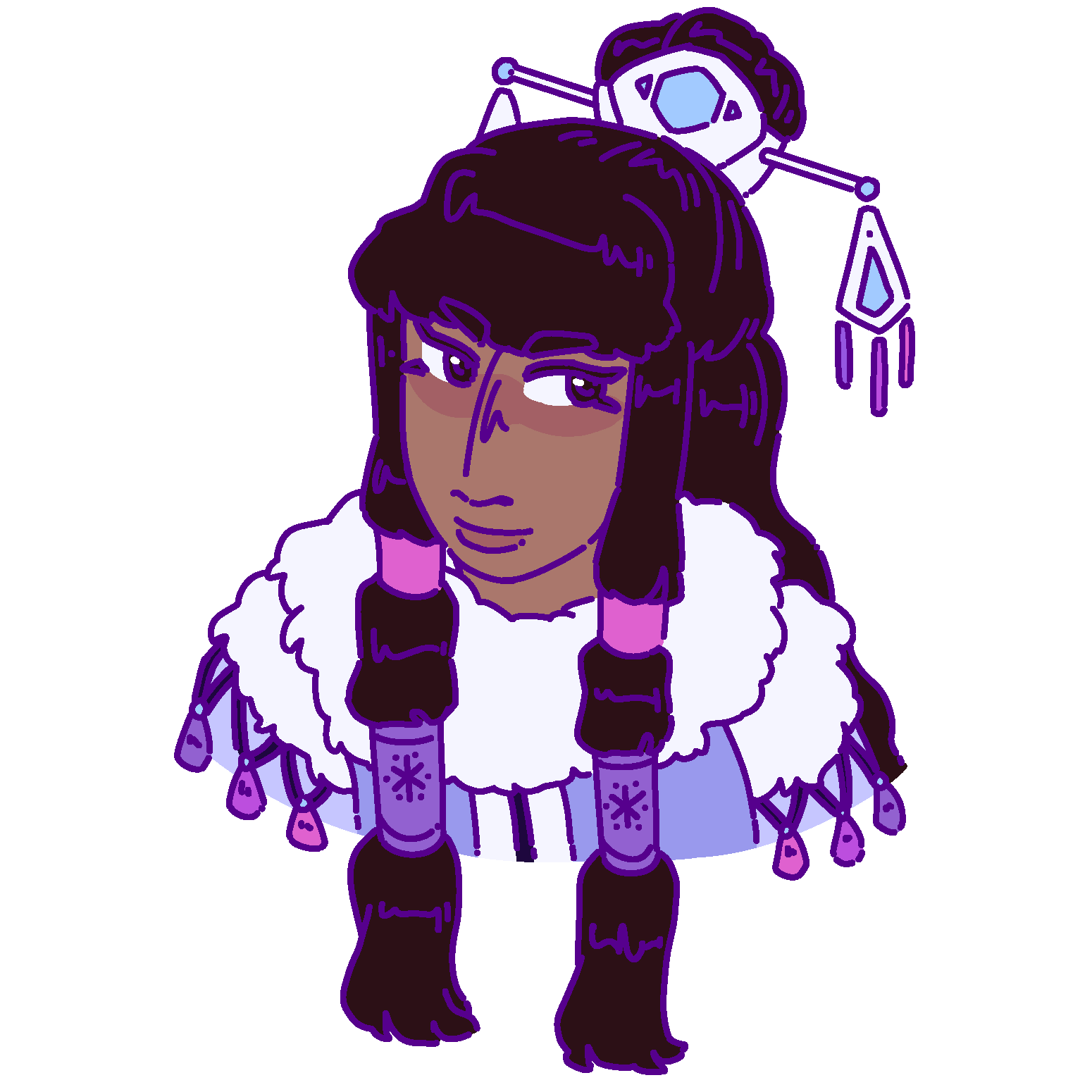 A flat-colored digital drawing of Tainfri Miwena. She is a Aiknana teenage girl with long black hair partially pulled into a topknot. She smiles and looks towards our right.