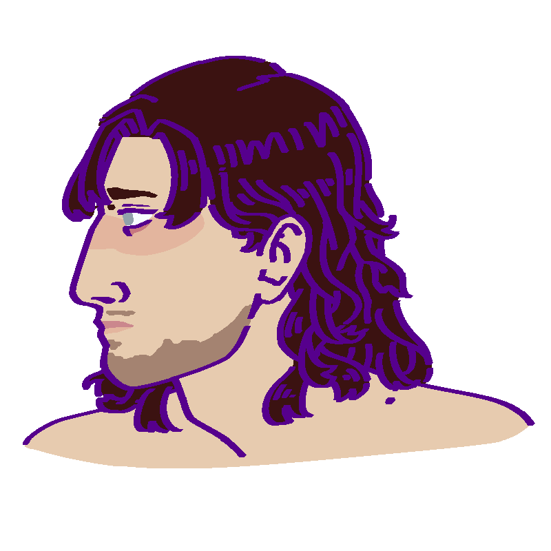 A flat-colored digital drawing of Theó Galánis. He is a Greek man with shoulder-length wavy dark brown hair and stubble. He looks concerned facing our left.