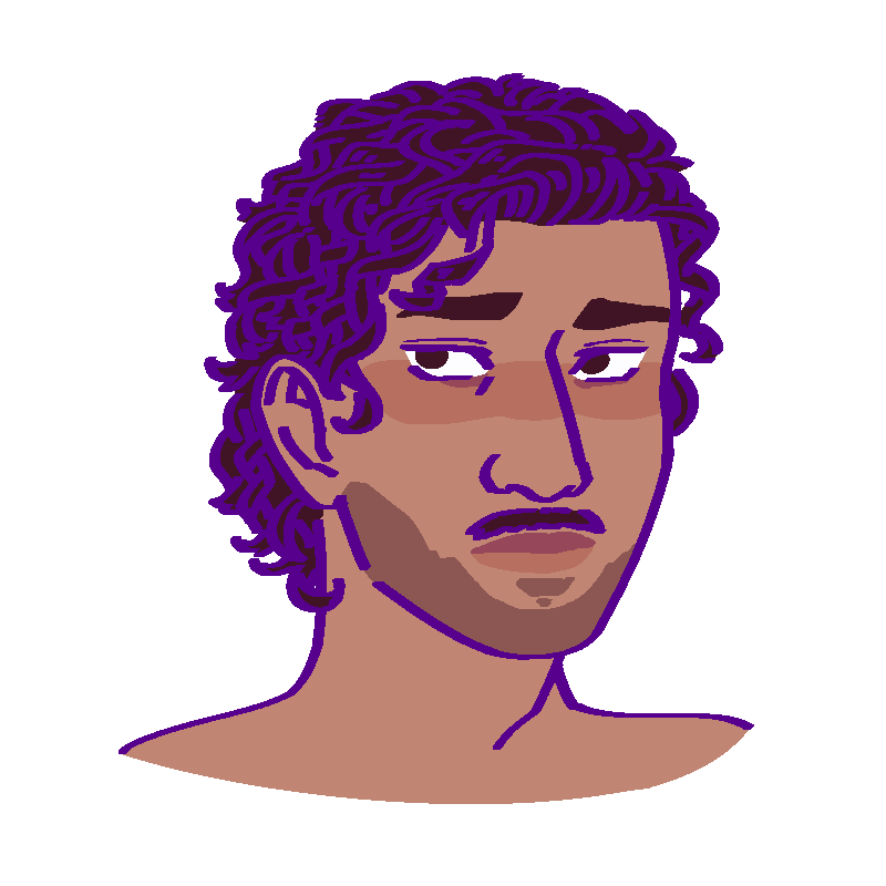 A flat-colored digital drawing of Víctor Jacinto-Rivera. He is a middle aged Mexican man with wavy dark brown hair and short facial hair. He looks concerned off to our left.