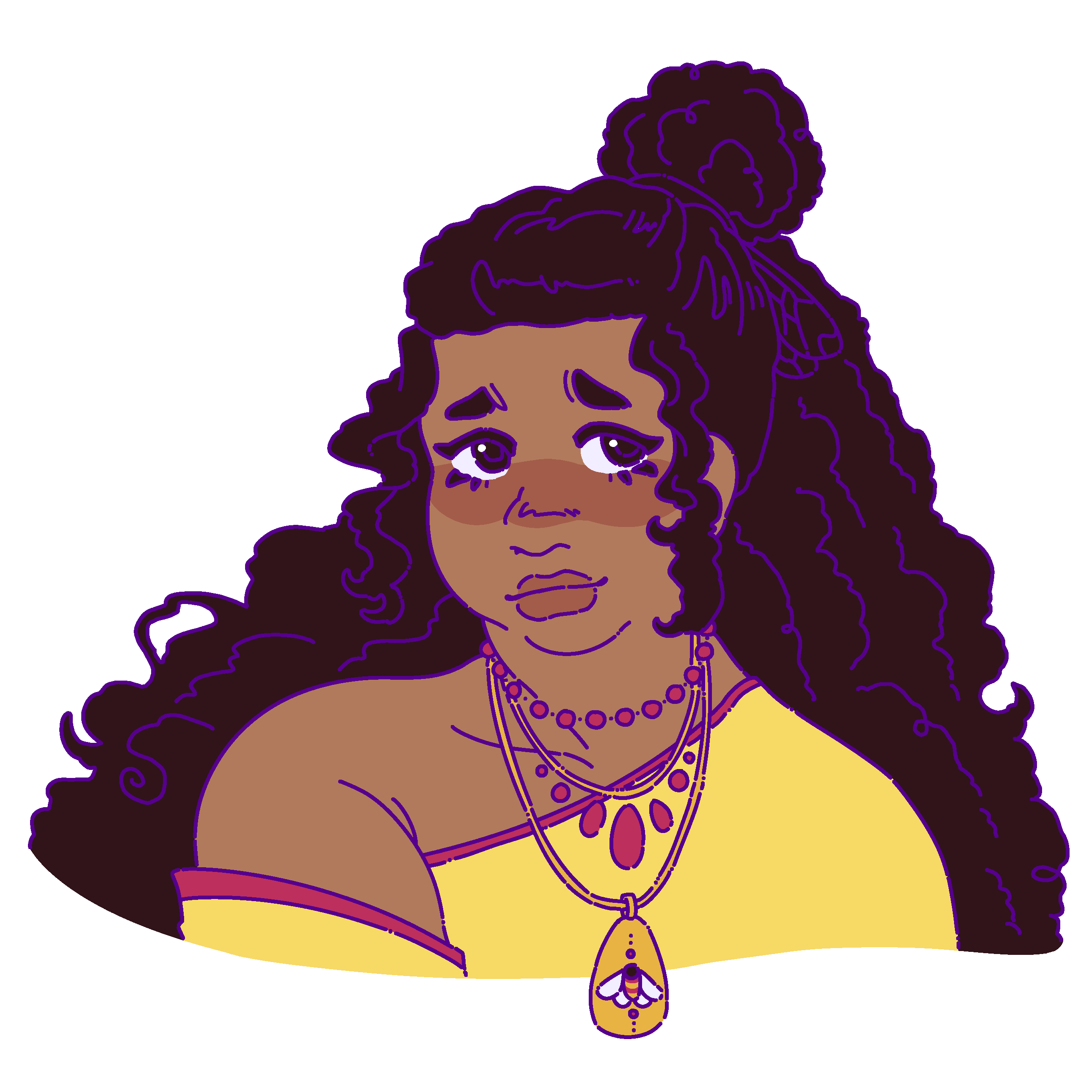 A flat-colored digital drawing of Yiteng Qingsetvoi. She is a young woman with curly dark brown hair partially tied into a bun. She smiles and looks off to our right.