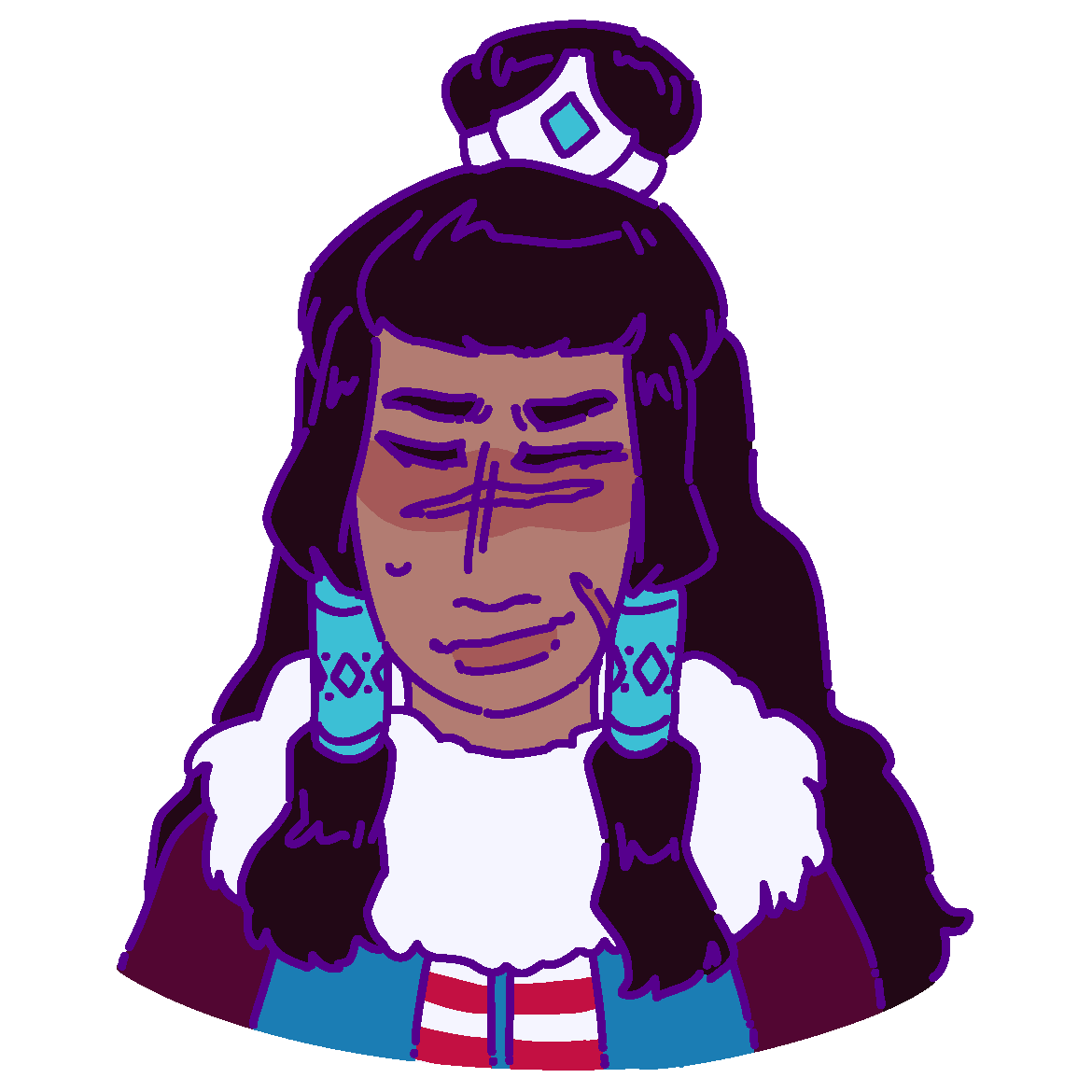 A flat-colored digital drawing of Yongua Miwena. He is a young Aiknana man with long black hair partially pulled into a topknot. He smiles awkwardly with his eyes closed, facing the viewer.