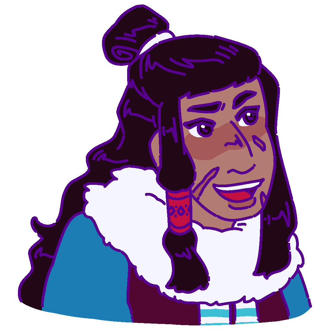 A flat-colored digital drawing of Yonhia Miwena. He is a young Aiknana man with long black hair partially pulled into a topknot. He smiles widely and looks towards our right.