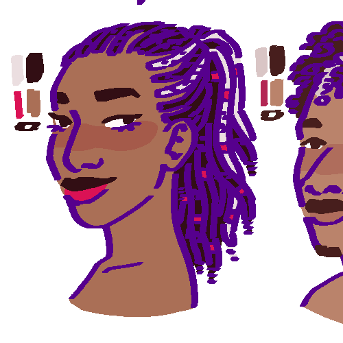 A flat-colored digital drawing of Zaika Raakoke. She is a middle aged Diajauna woman with pale gray streaks in her black hair, and black and hot pink lipstick. She smiles and looks over her shoulder to our right.