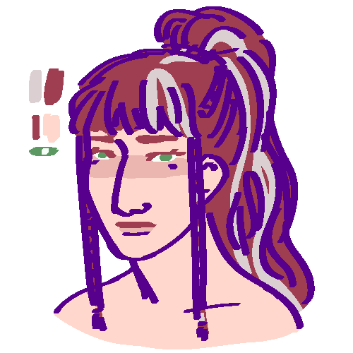 A flat-colored digital drawing of Zeida Neihoska. She is a middle aged Roizheiva woman with pale gray streaks in her wavy red hair. She looks neutrally at the viewer.